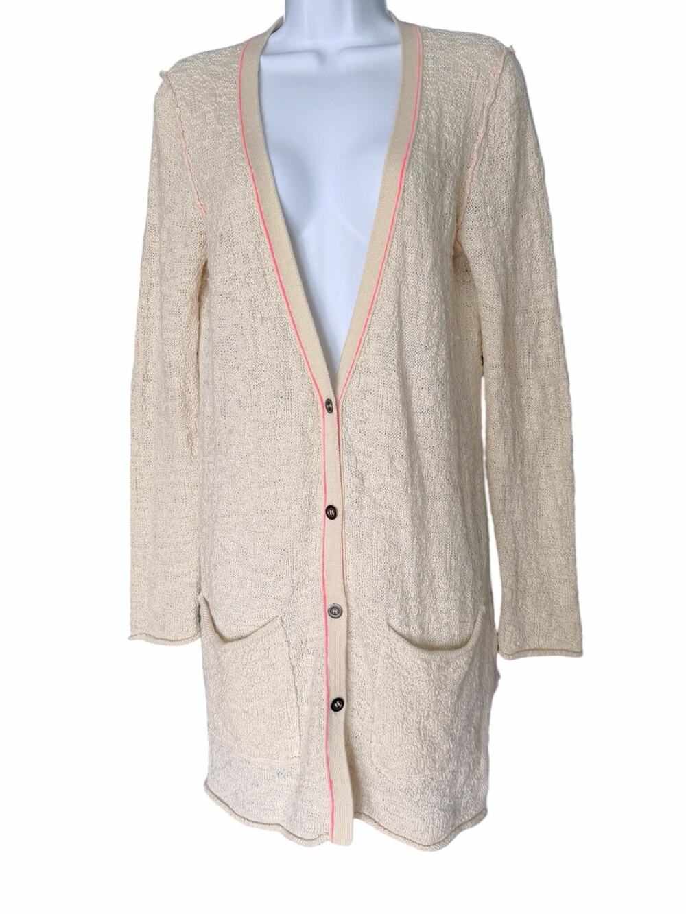 Free People Lightweight Long-Line Cardigan Women’s L Cream Pockets Wool Blend